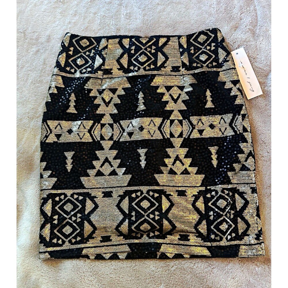 mons, l jang  Geometric Sequin Mini Skirt Black Gold Aztec Tribal S NWT